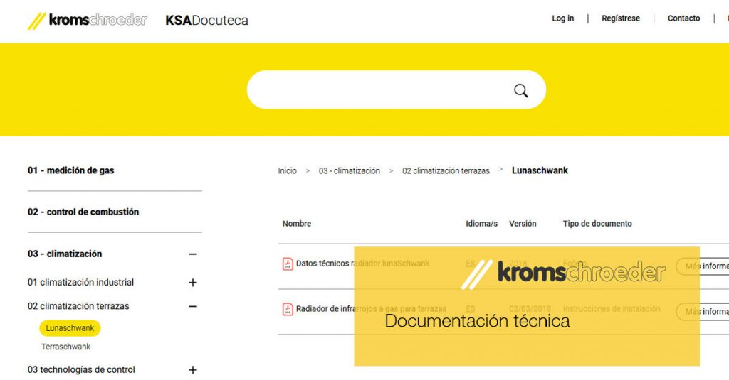 Captura pantalla del portal virtual ubicada la documentación técnica de los productos kromschroeder