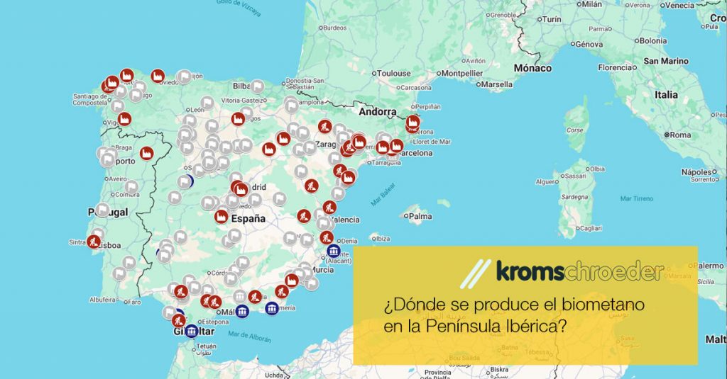 Mapa península ibérica con la localización de la producción del biometano